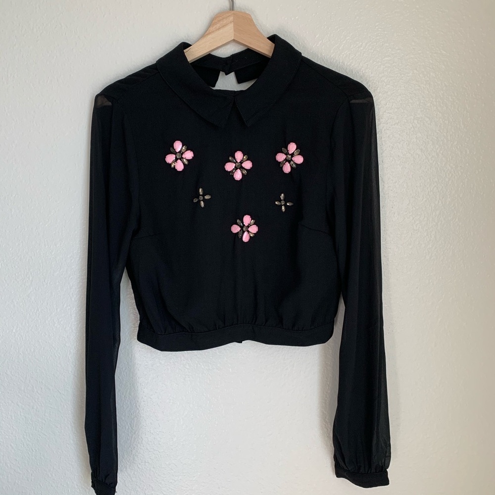 Tobi Black Open Back Embellished Crop Top Size S